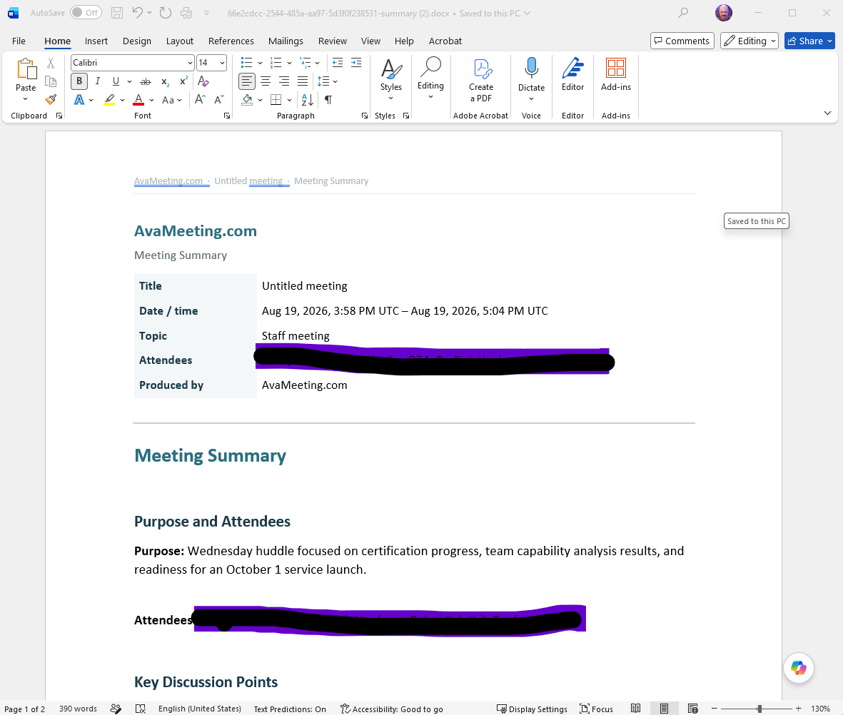 Sample meeting summary with decisions, action items, and RAID entries